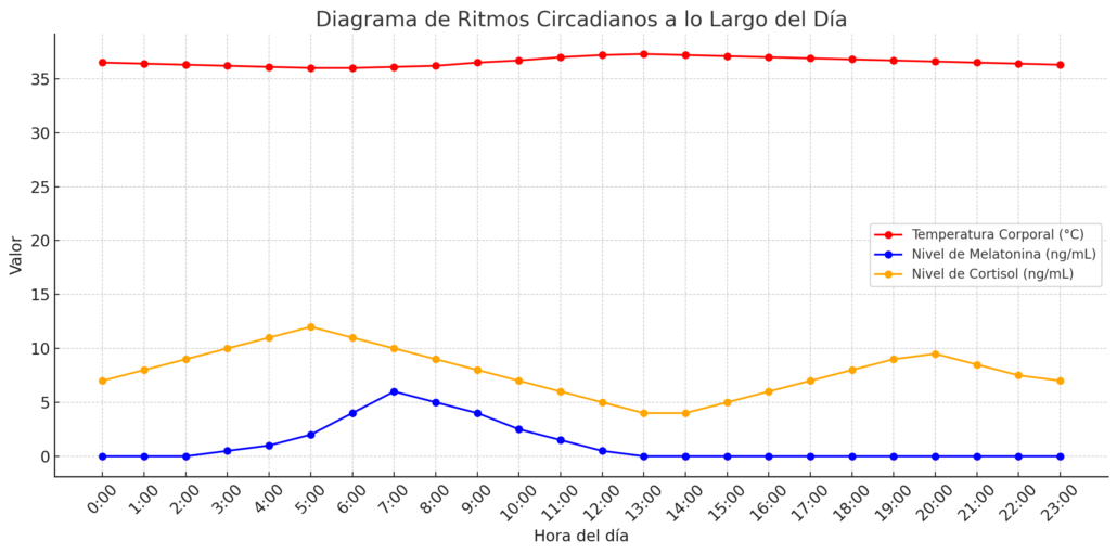 diagrama de ritmos cicadianos a lo largo del día